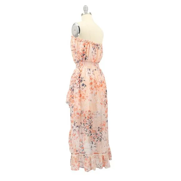Ramy Brook Manon Dress Strapless Silk Floral Ruffle Midi S Blush Combo - Picture 6 of 9